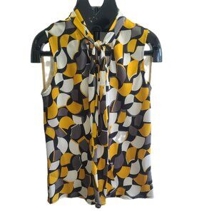 NINE WEST Geometric Print Tie Front Sleeveless Top Large Gold Gray Black White